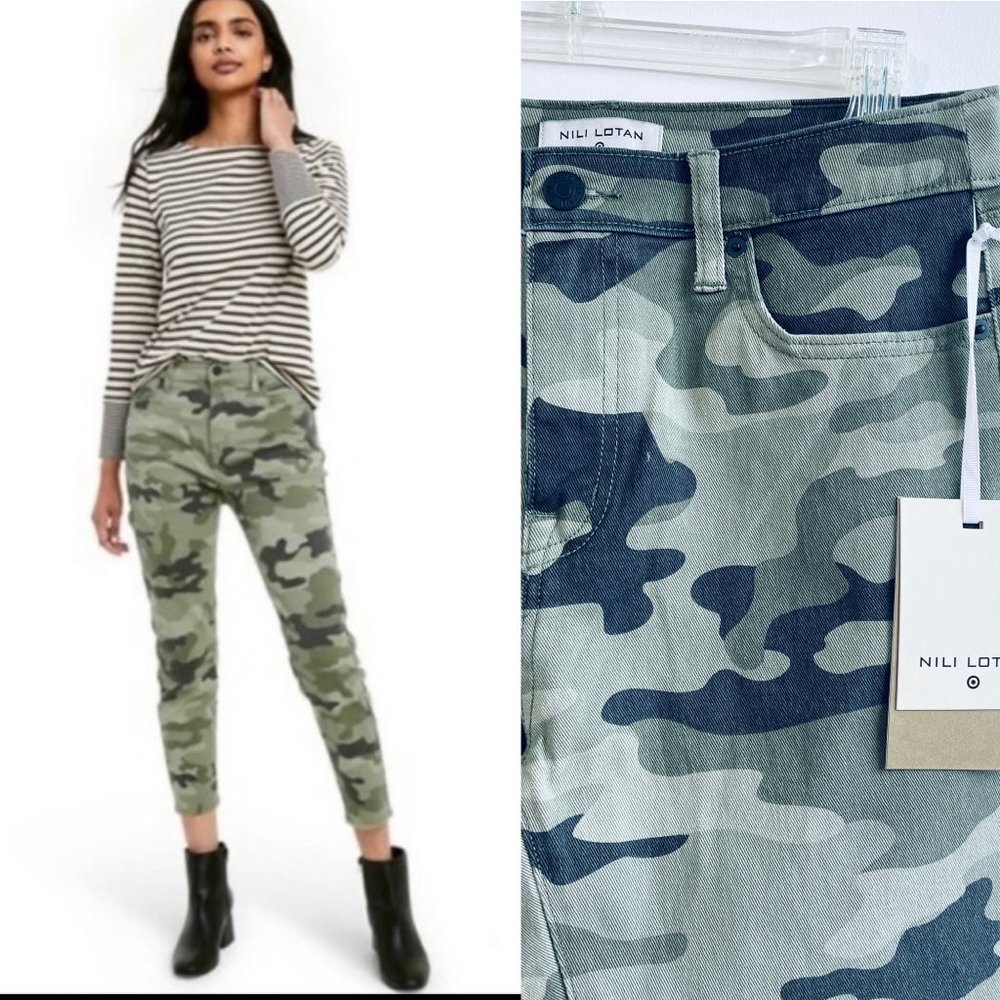 Nili Lotan Womens Jeans Size 4 Green Camo Print High Rise Ankle Skinny Pants New
